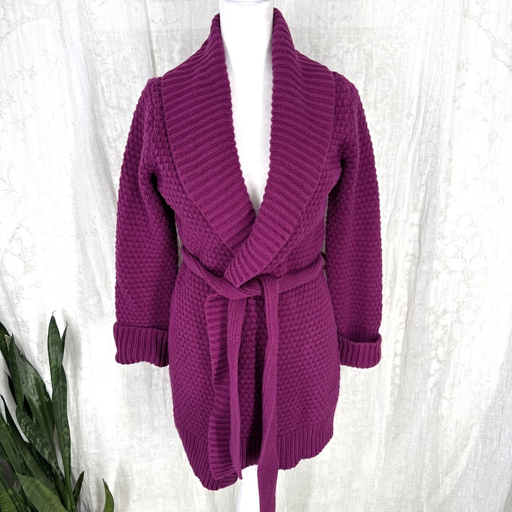Magenta Chunky Knit Tie Waist Cardigan M Cozy Fall Preppy Shawl Belted Lambswool